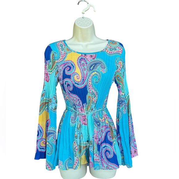 Tops - Women’s Paisley Blue Blouse Bell Sleeves W/ Tie Size Small Boho Hippie Festival